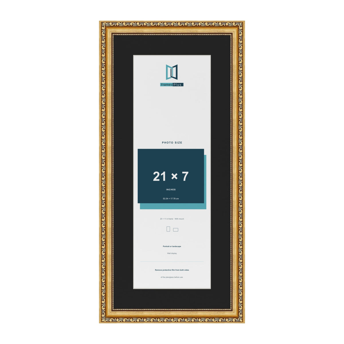 Louis Gold 25 x 11 inch picture frame with a black mount for a 21 x 7 inch photo