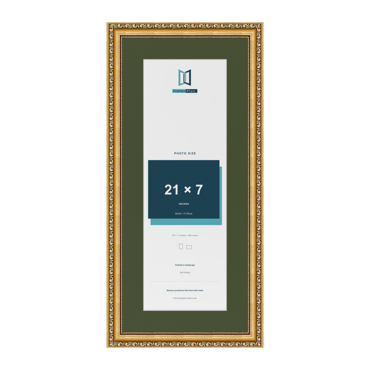 Louis Gold 25 x 11 inch picture frame with a green mount for a 21 x 7 inch photo