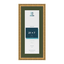 Louis Gold 25 x 11 inch picture frame with a green mount for a 21 x 7 inch photo