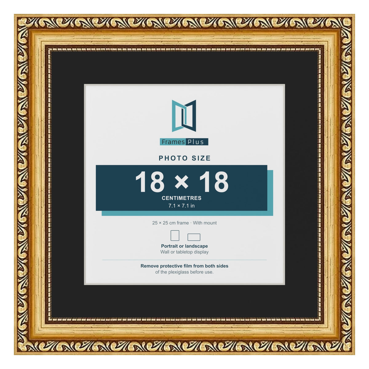 Louis Gold 25 x 25 cm picture frame with a black mount for an 18 x 18 cm photo