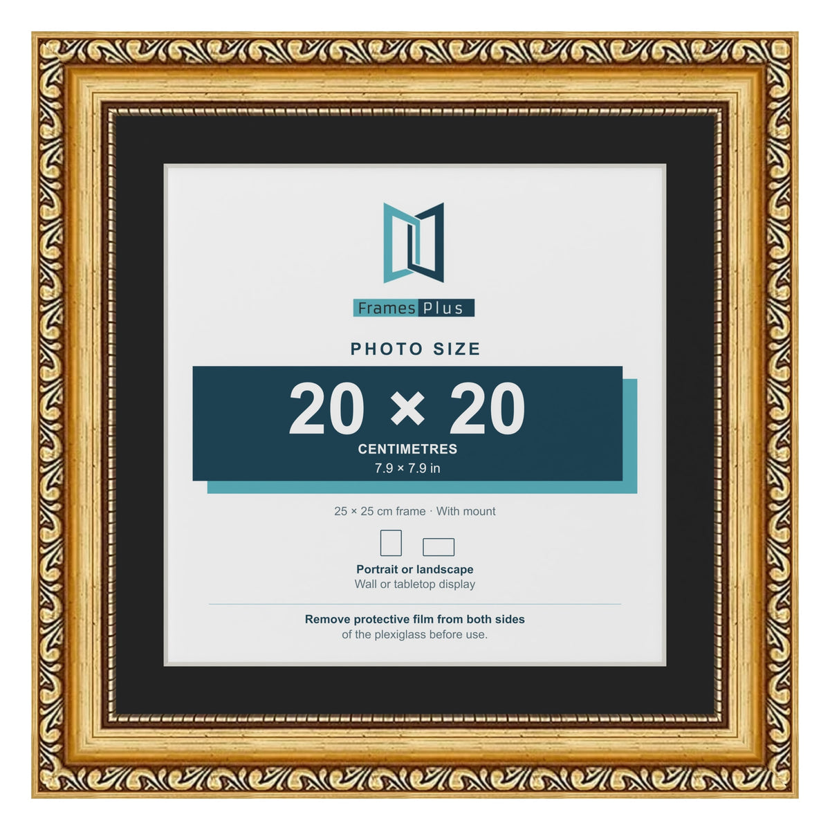 Louis Gold 25 x 25 cm picture frame with a black mount for a 20 x 20 cm photo
