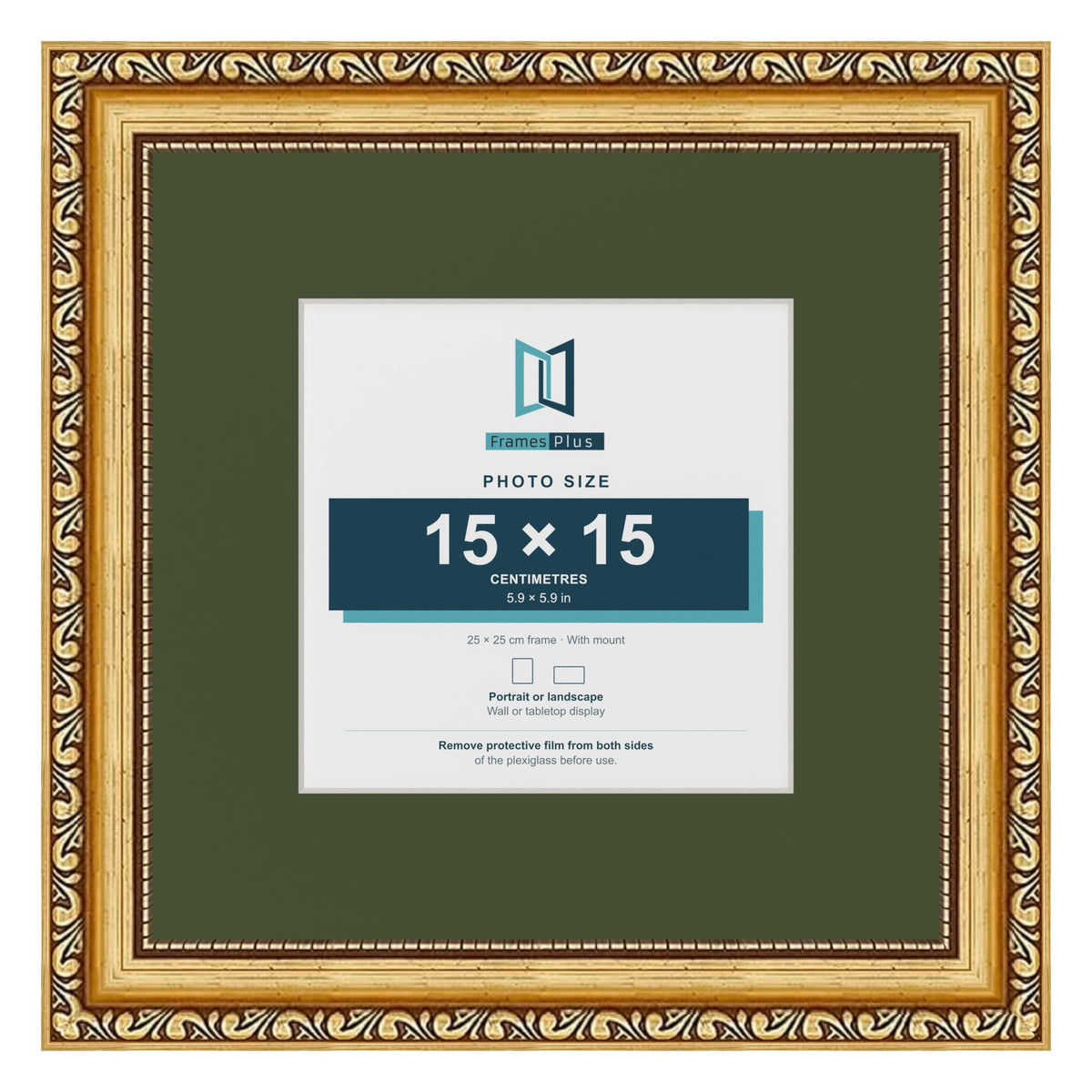 Louis Gold 25 x 25 cm picture frame with a green mount for a 15 x 15 cm photo