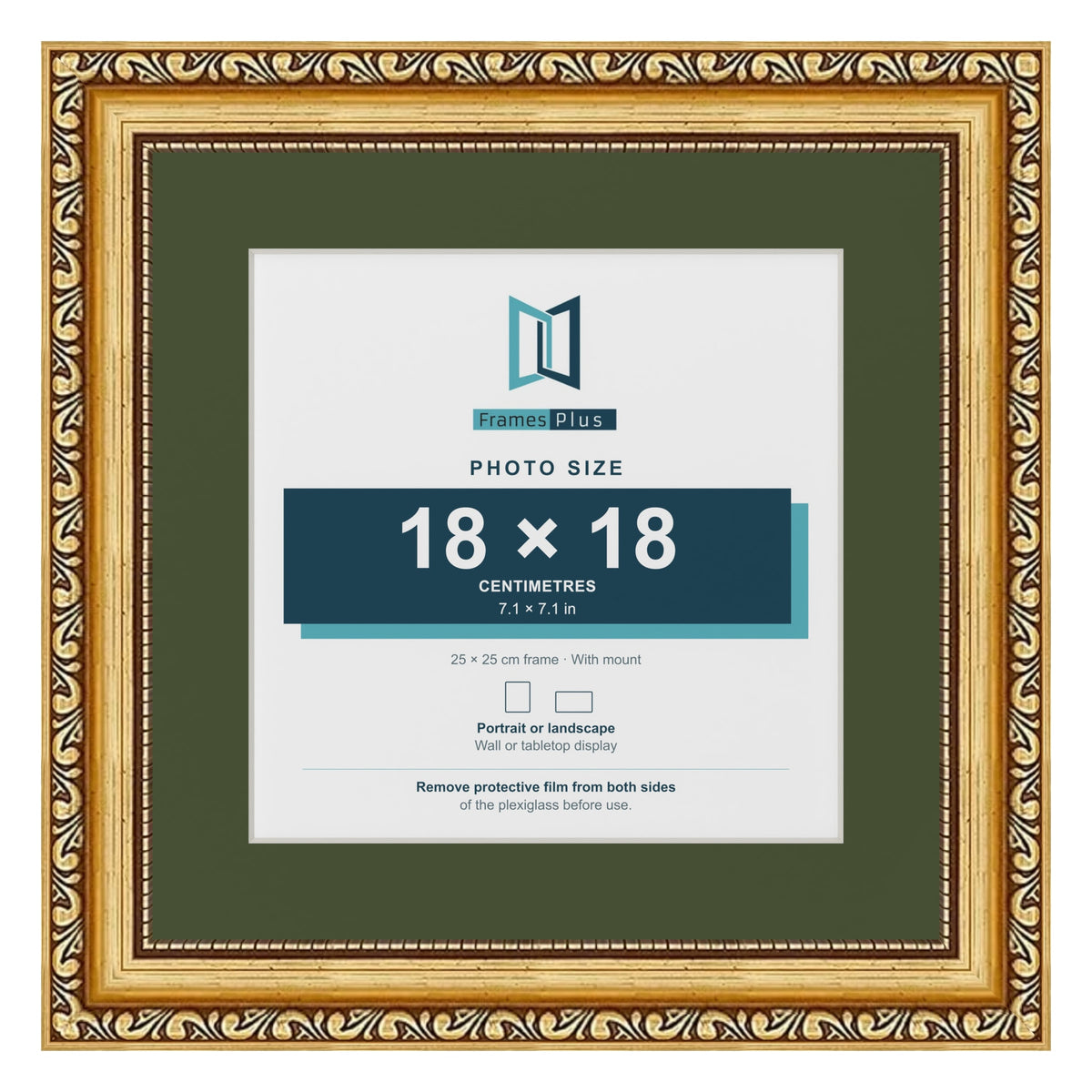Louis Gold 25 x 25 cm picture frame with a green mount for an 18 x 18 cm photo