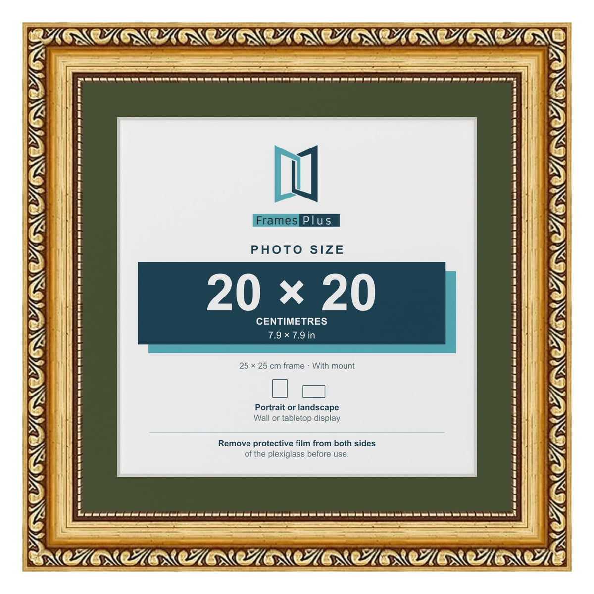 Louis Gold 25 x 25 cm picture frame with a green mount for a 20 x 20 cm photo