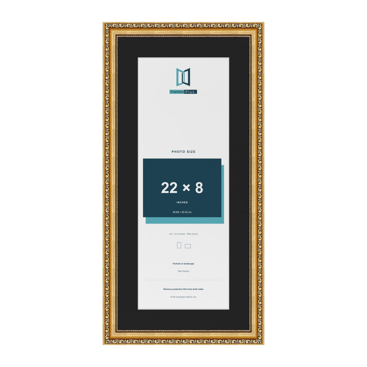 Louis Gold 26 x 12 inch picture frame with a black mount for a 22 x 8 inch photo