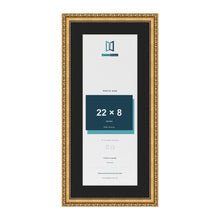 Louis Gold 26 x 12 inch picture frame with a black mount for a 22 x 8 inch photo