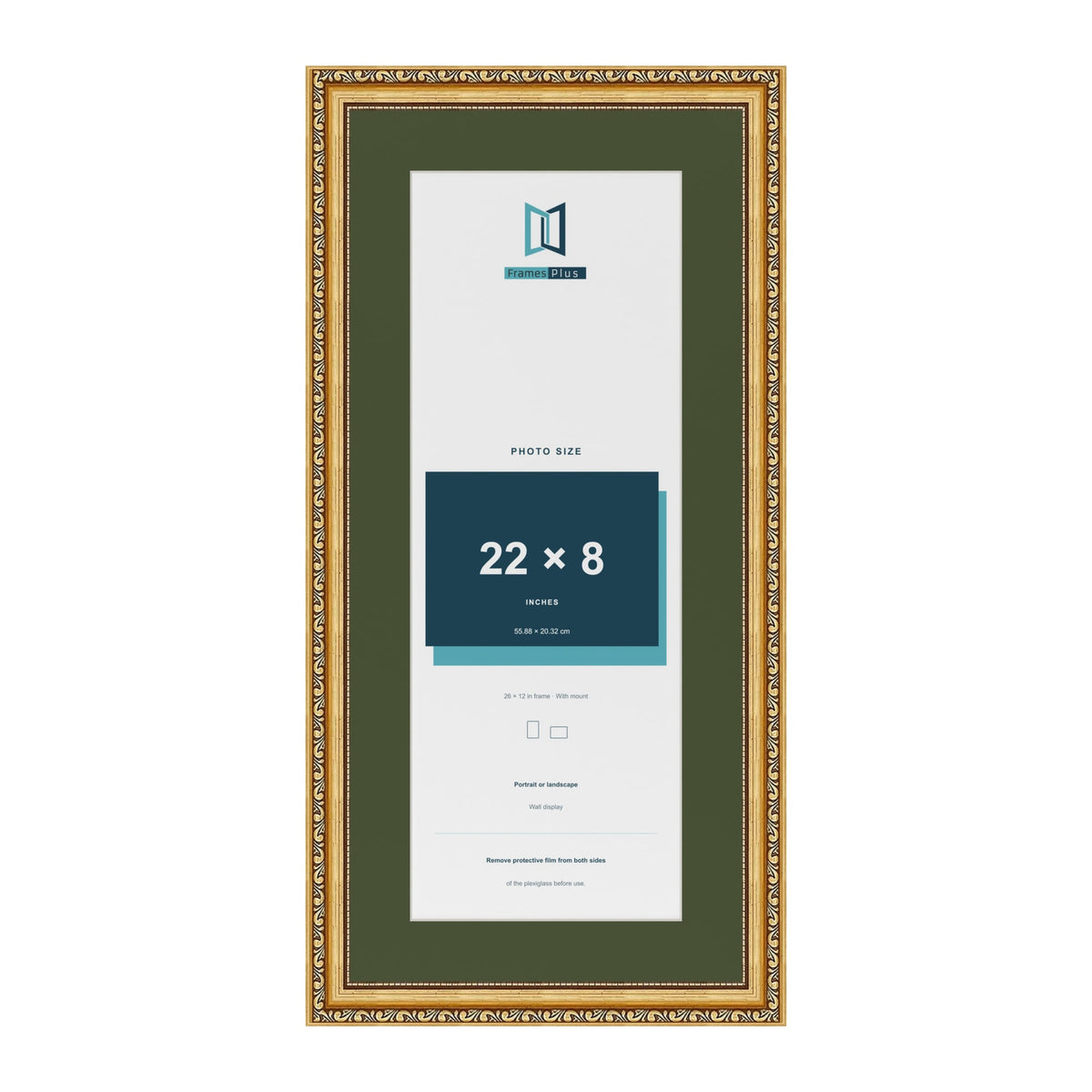 Louis Gold 26 x 12 inch picture frame with a green mount for a 22 x 8 inch photo