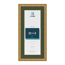 Louis Gold 26 x 12 inch picture frame with a green mount for a 22 x 8 inch photo