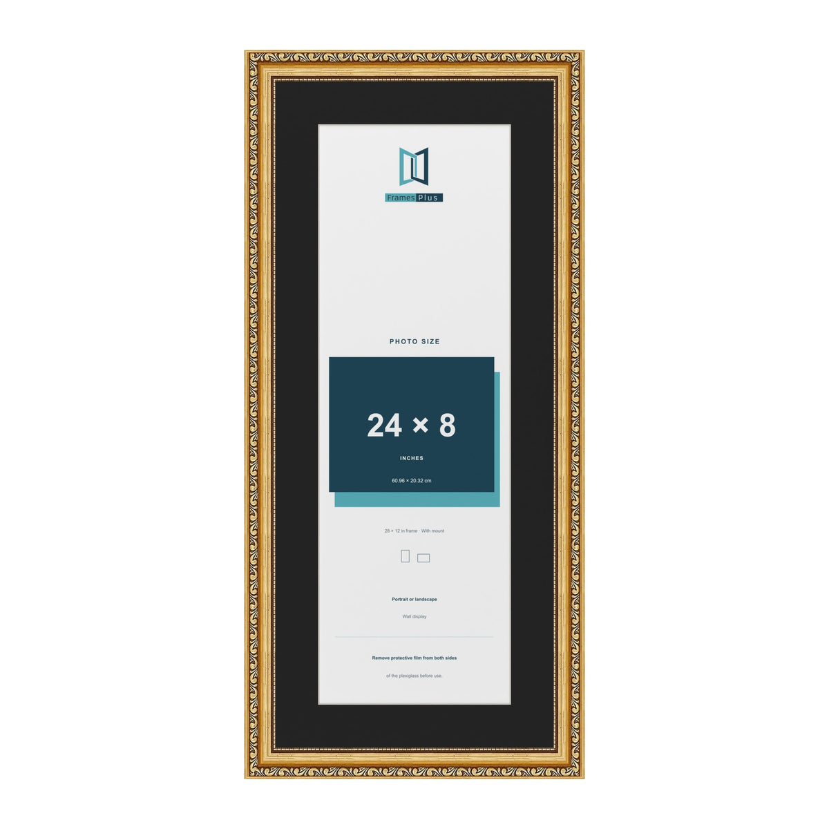 Louis Gold 28 x 12 inch picture frame with a black mount for a 24 x 8 inch photo