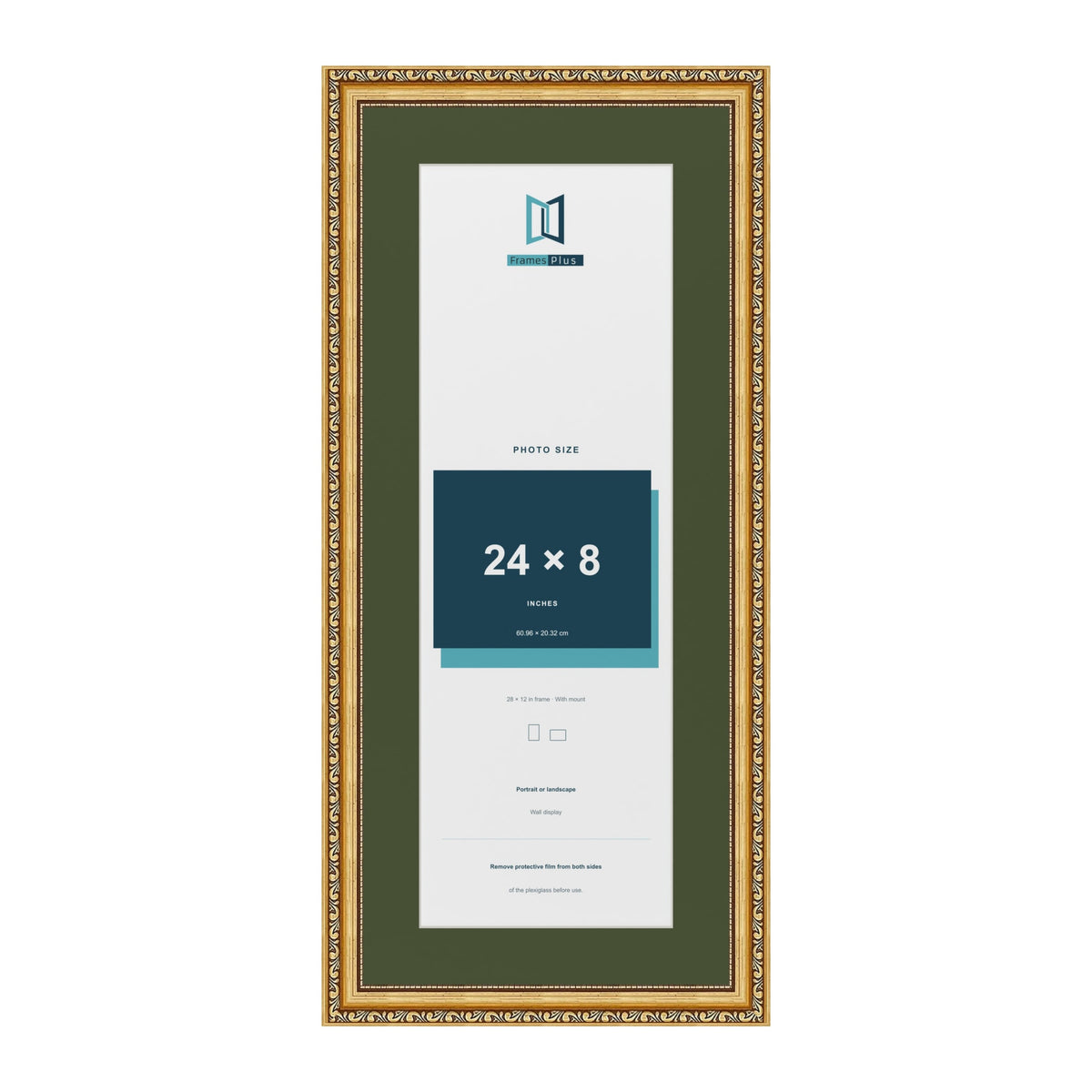 Louis Gold 28 x 12 inch picture frame with a green mount for a 24 x 8 inch photo