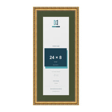 Louis Gold 28 x 12 inch picture frame with a green mount for a 24 x 8 inch photo