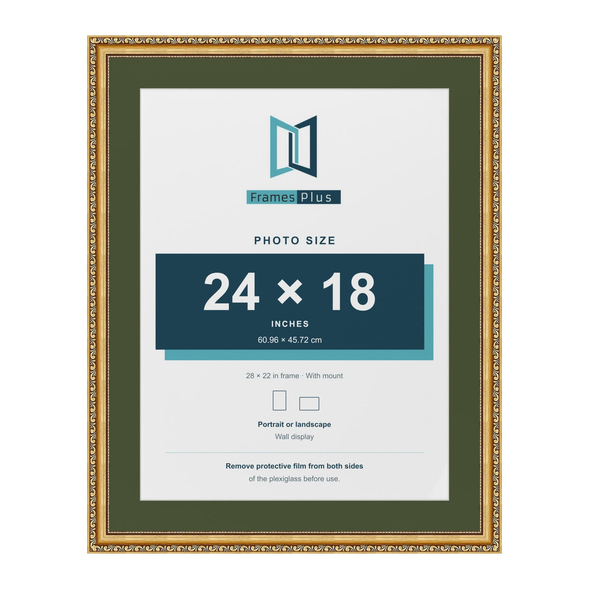 Louis Gold 28 x 22 inch picture frame with a green mount for a 24 x 18 inch photo
