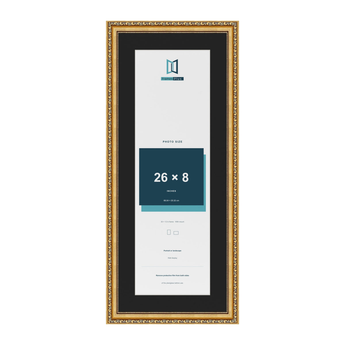 Louis Gold 30 x 12 inch picture frame with a black mount for a 26 x 8 inch photo