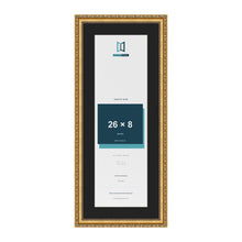 Louis Gold 30 x 12 inch picture frame with a black mount for a 26 x 8 inch photo