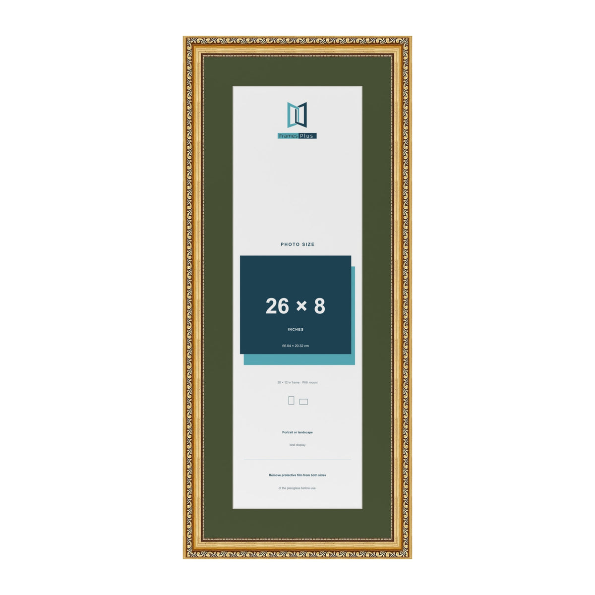 Louis Gold 30 x 12 inch picture frame with a green mount for a 26 x 8 inch photo