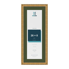 Louis Gold 30 x 12 inch picture frame with a green mount for a 26 x 8 inch photo
