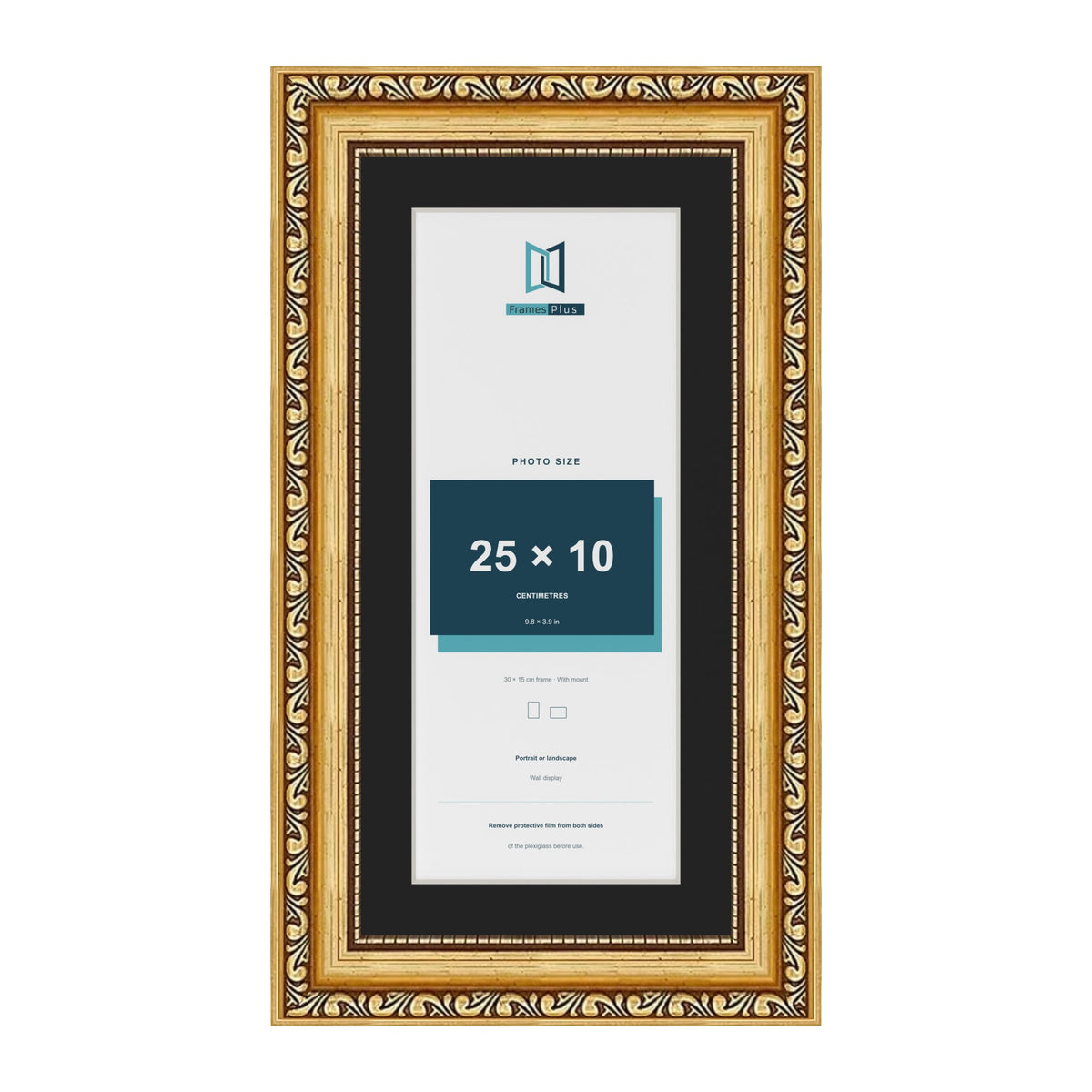 Louis Gold 30 x 15 cm picture frame with a black mount for a 25 x 10 cm photo