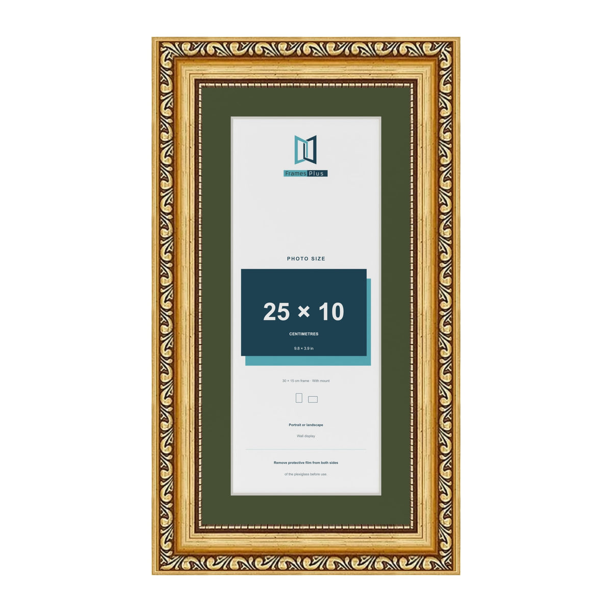 Louis Gold 30 x 15 cm picture frame with a green mount for a 25 x 10 cm photo