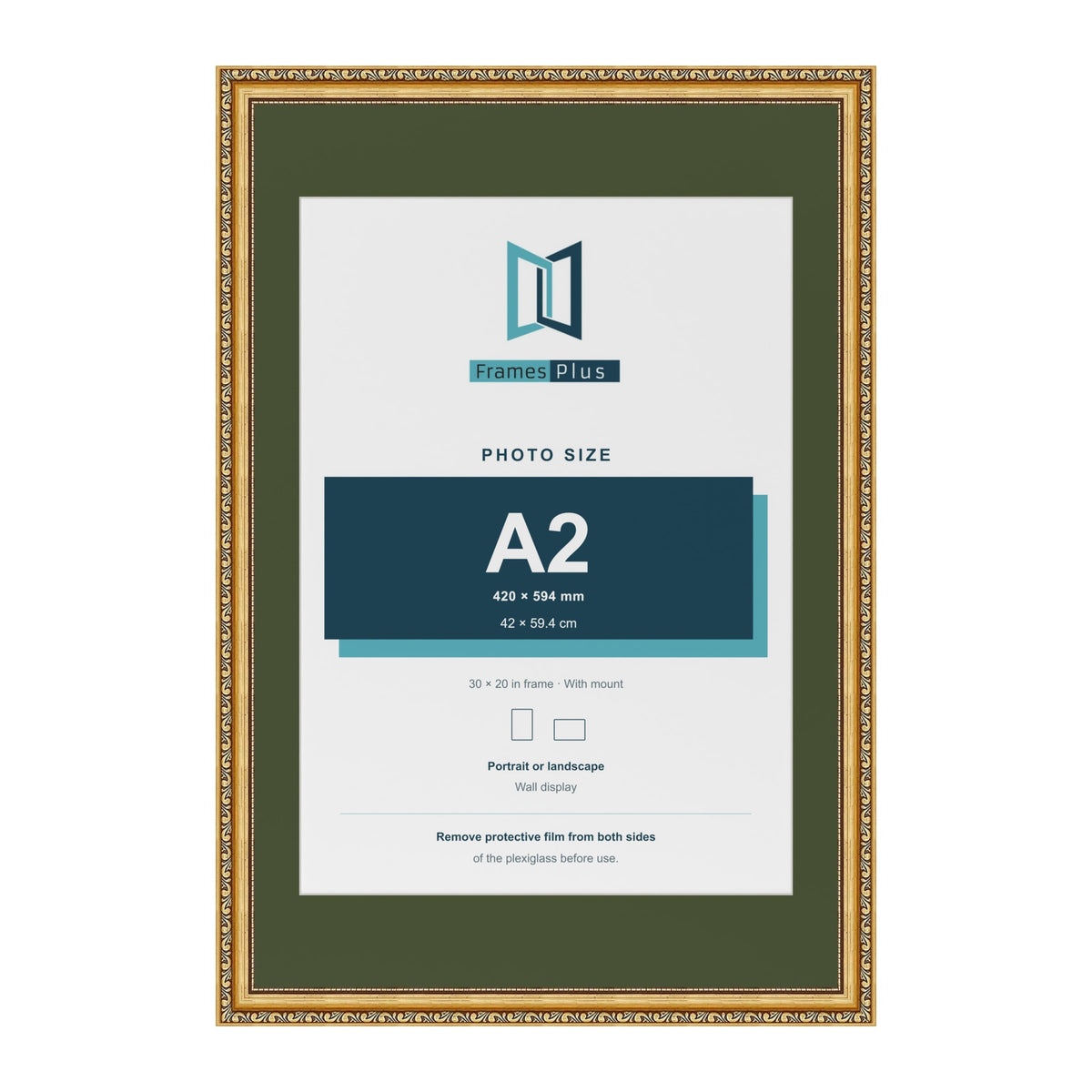 Louis Gold 30 x 20 inch picture frame with a green mount for an A2 photo