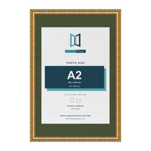 Louis Gold 30 x 20 inch picture frame with a green mount for an A2 photo