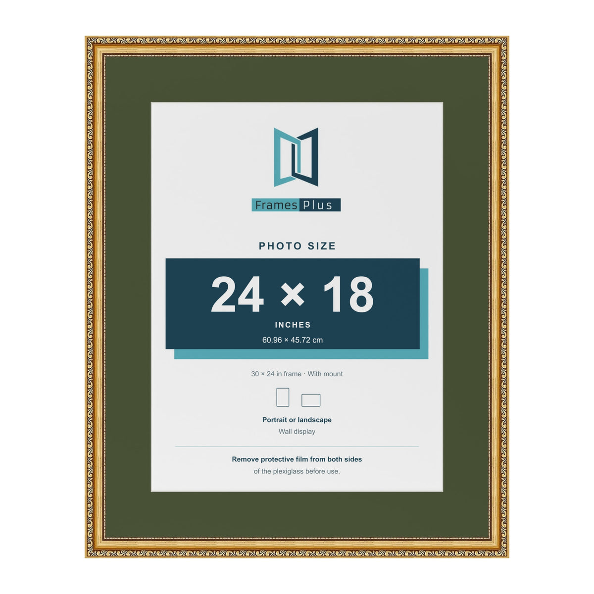Louis Gold 30 x 24 inch picture frame with a green mount for a 24 x 18 inch photo