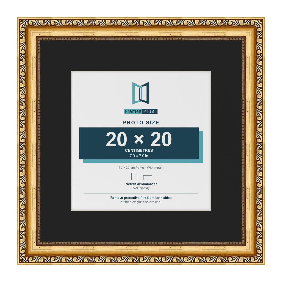 Louis Gold 30 x 30 cm picture frame with a black mount for a 20 x 20 cm photo