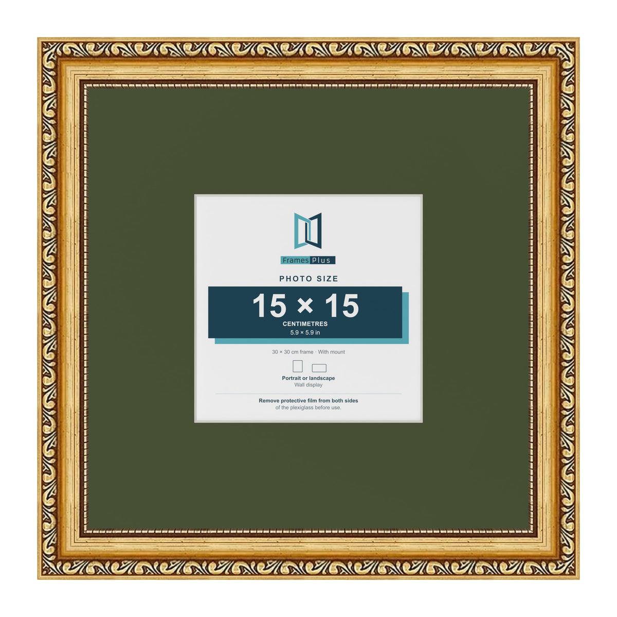 Louis Gold 30 x 30 cm picture frame with a green mount for a 15 x 15 cm photo