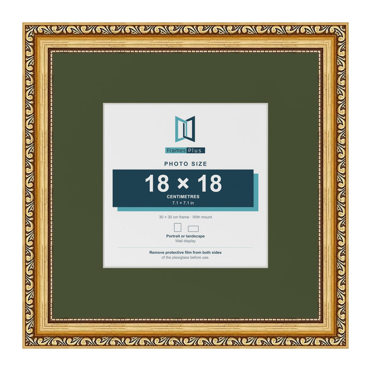 Louis Gold 30 x 30 cm picture frame with a green mount for an 18 x 18 cm photo