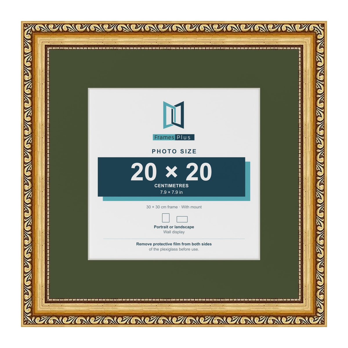 Louis Gold 30 x 30 cm picture frame with a green mount for a 20 x 20 cm photo