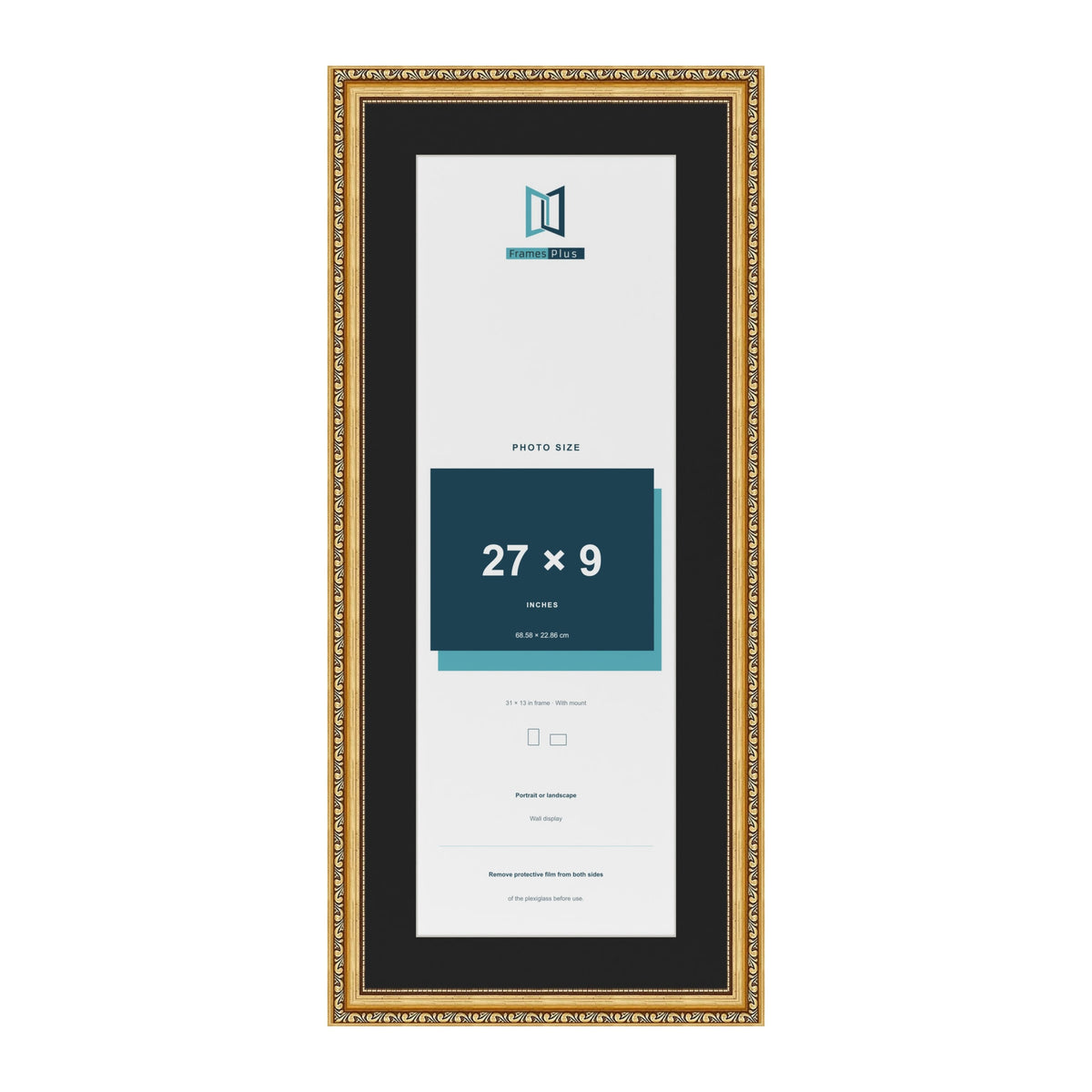 Louis Gold 31 x 13 inch picture frame with a black mount for a 27 x 9 inch photo
