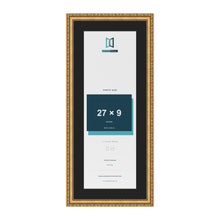 Louis Gold 31 x 13 inch picture frame with a black mount for a 27 x 9 inch photo