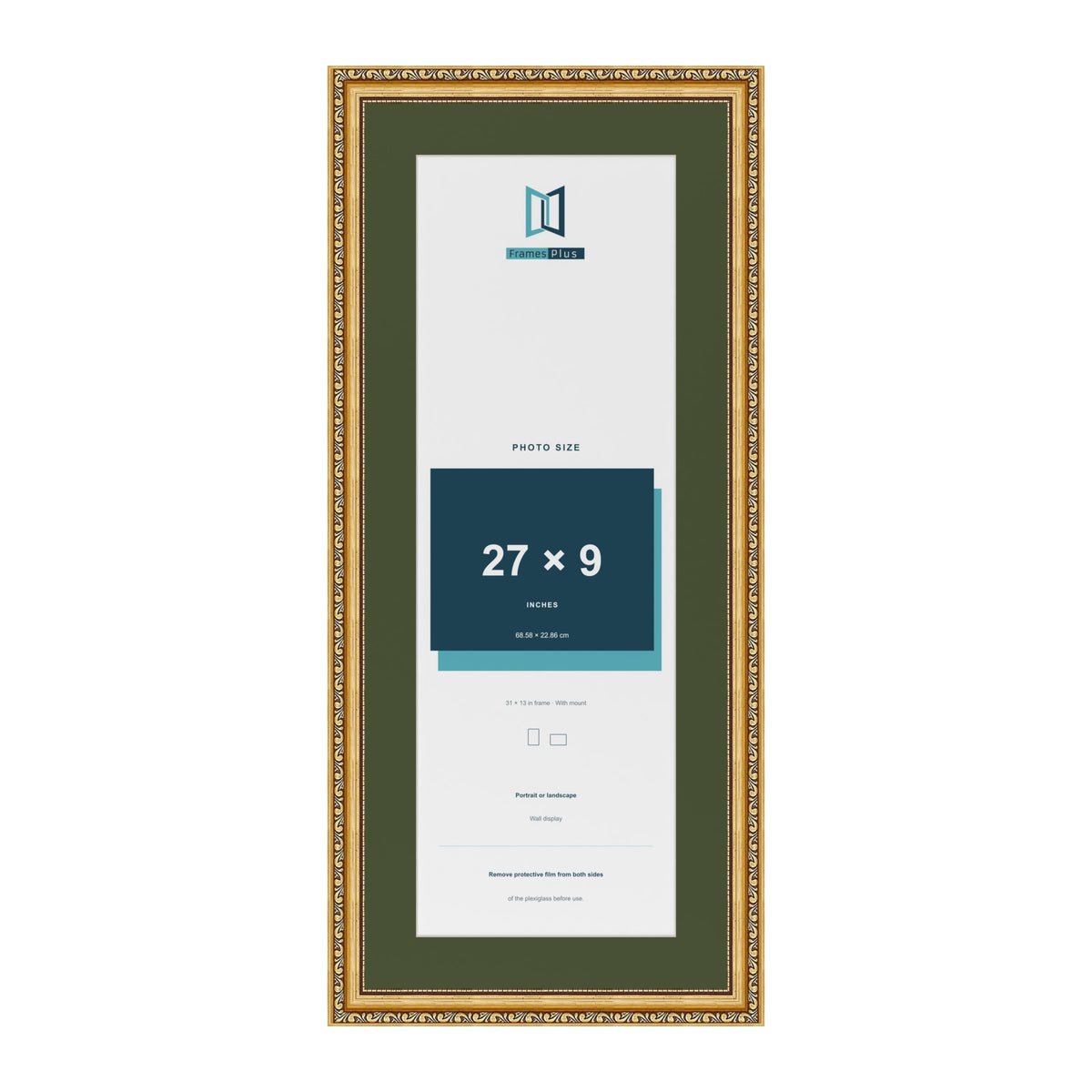 Louis Gold 31 x 13 inch picture frame with a green mount for a 27 x 9 inch photo
