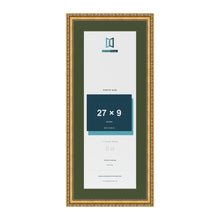 Louis Gold 31 x 13 inch picture frame with a green mount for a 27 x 9 inch photo