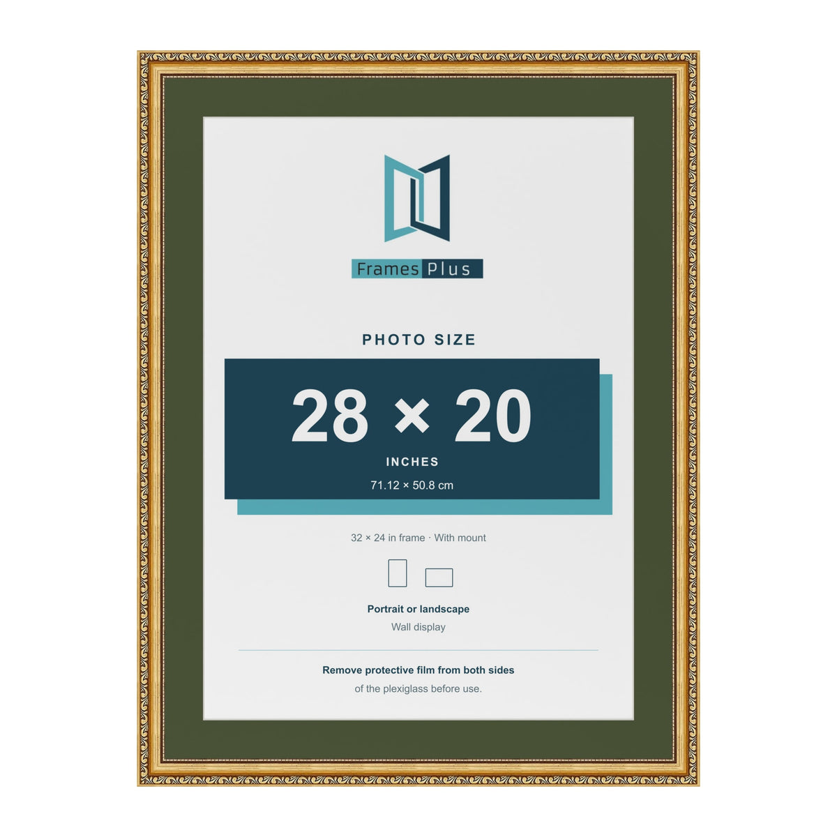 Louis Gold 32 x 24 inch picture frame with a green mount for a 28 x 20 inch photo
