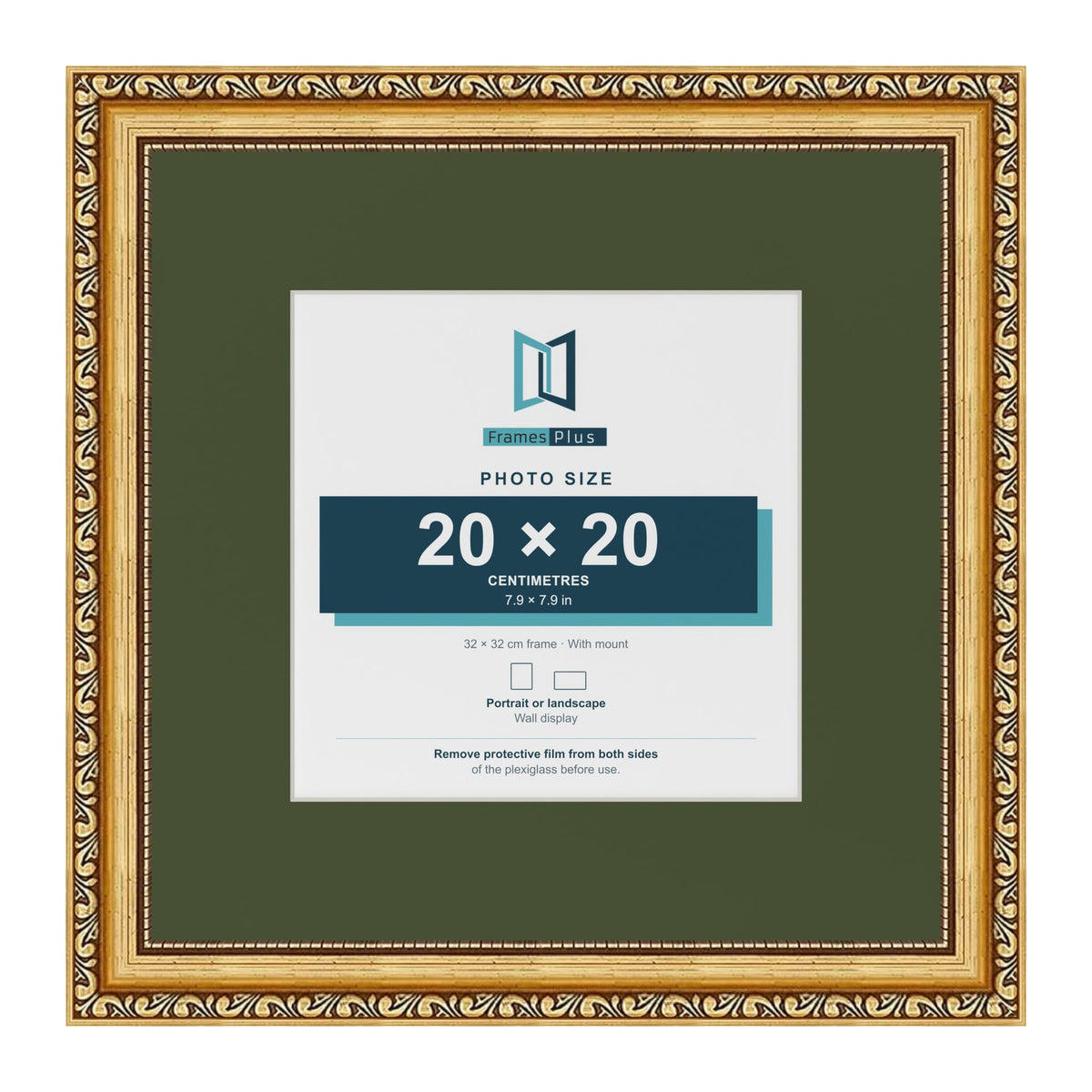 Louis Gold 32 x 32 cm picture frame with a green mount for a 20 x 20 cm photo