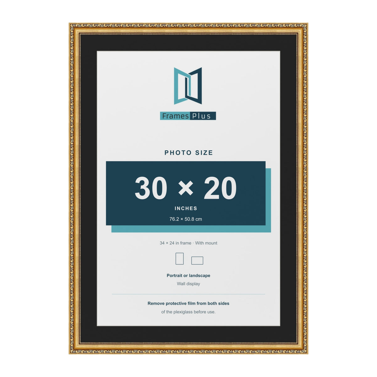 Louis Gold 34 x 24 inch picture frame with a black mount for a 30 x 20 inch photo