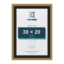 Louis Gold 34 x 24 inch picture frame with a black mount for a 30 x 20 inch photo