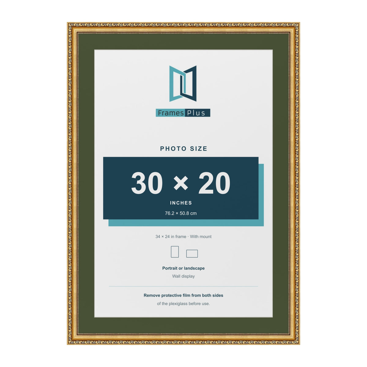 Louis Gold 34 x 24 inch picture frame with a green mount for a 30 x 20 inch photo