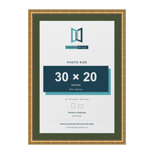 Louis Gold 34 x 24 inch picture frame with a green mount for a 30 x 20 inch photo