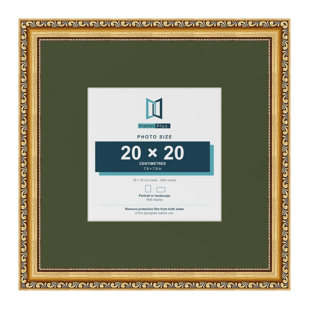 Louis Gold 35 x 35 cm picture frame with a green mount for a 20 x 20 cm photo