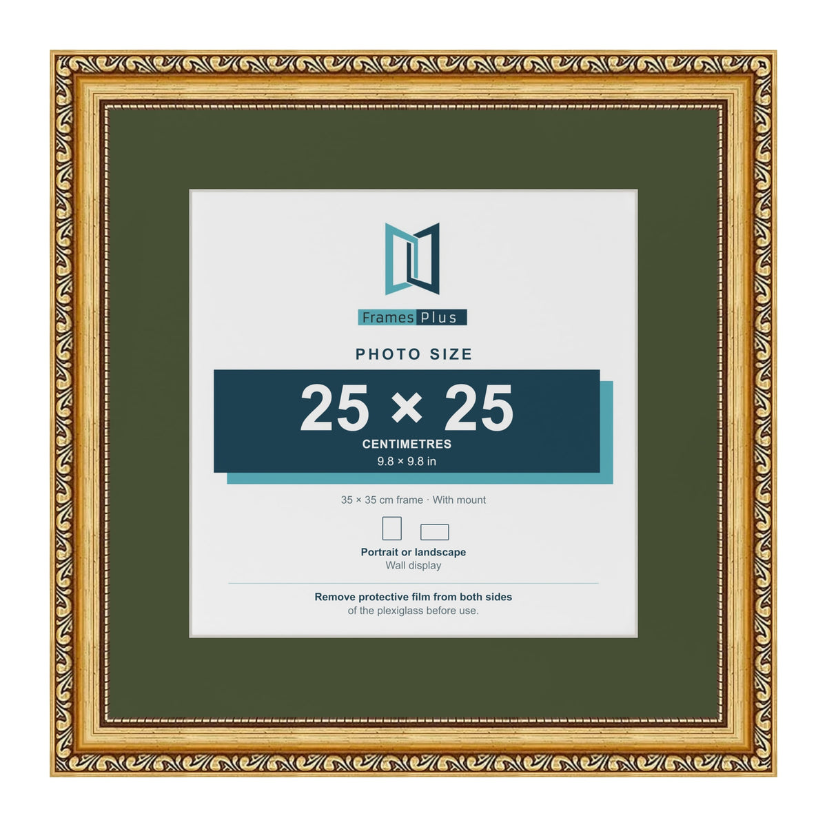 Louis Gold 35 x 35 cm picture frame with a green mount for a 25 x 25 cm photo