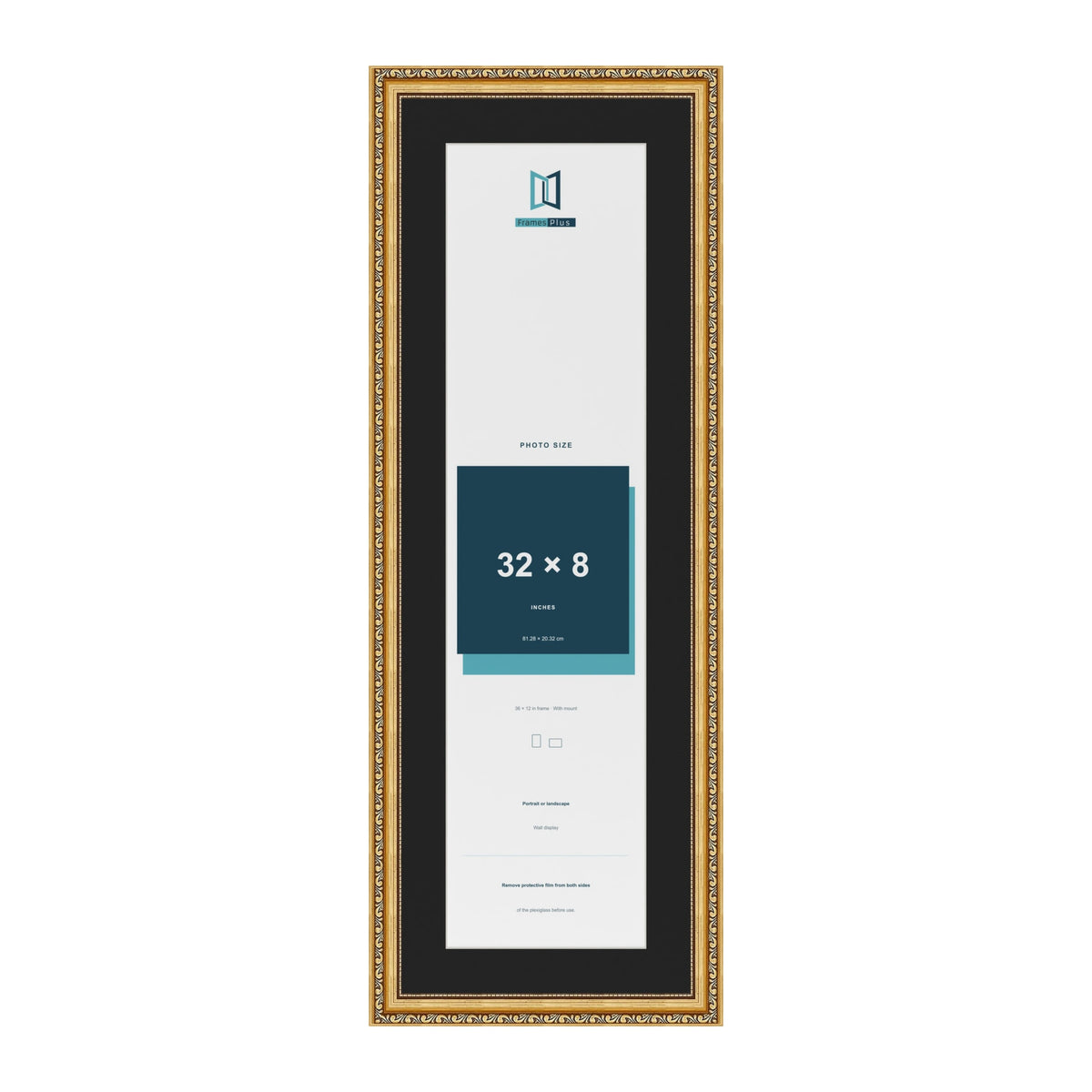 Louis Gold 36 x 12 inch picture frame with a black mount for a 32 x 8 inch photo