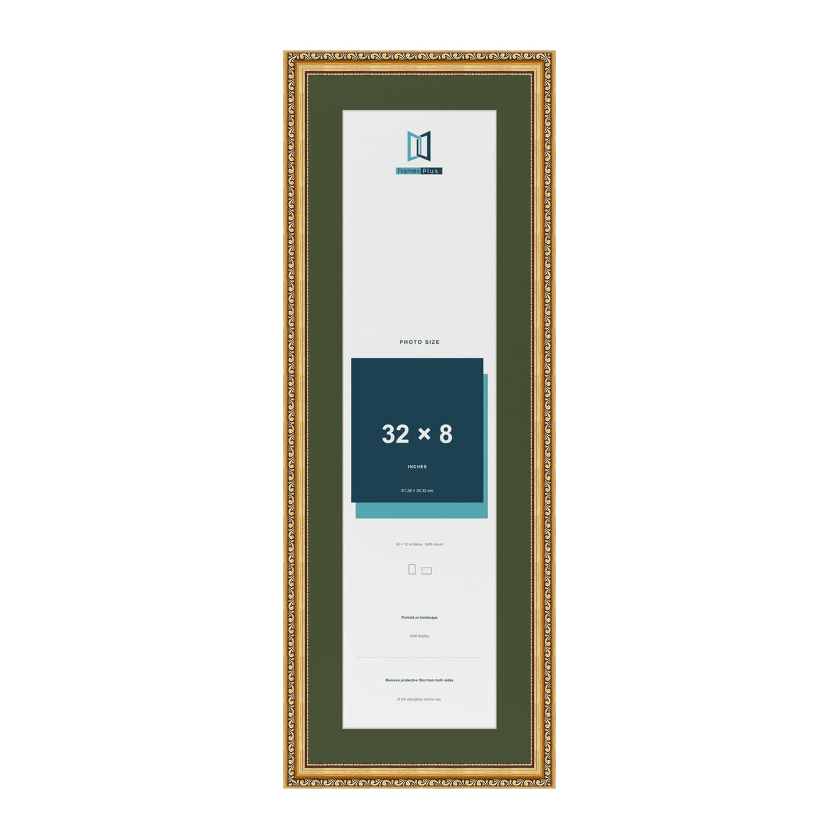 Louis Gold 36 x 12 inch picture frame with a green mount for a 32 x 8 inch photo