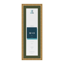 Louis Gold 36 x 12 inch picture frame with a green mount for a 32 x 8 inch photo
