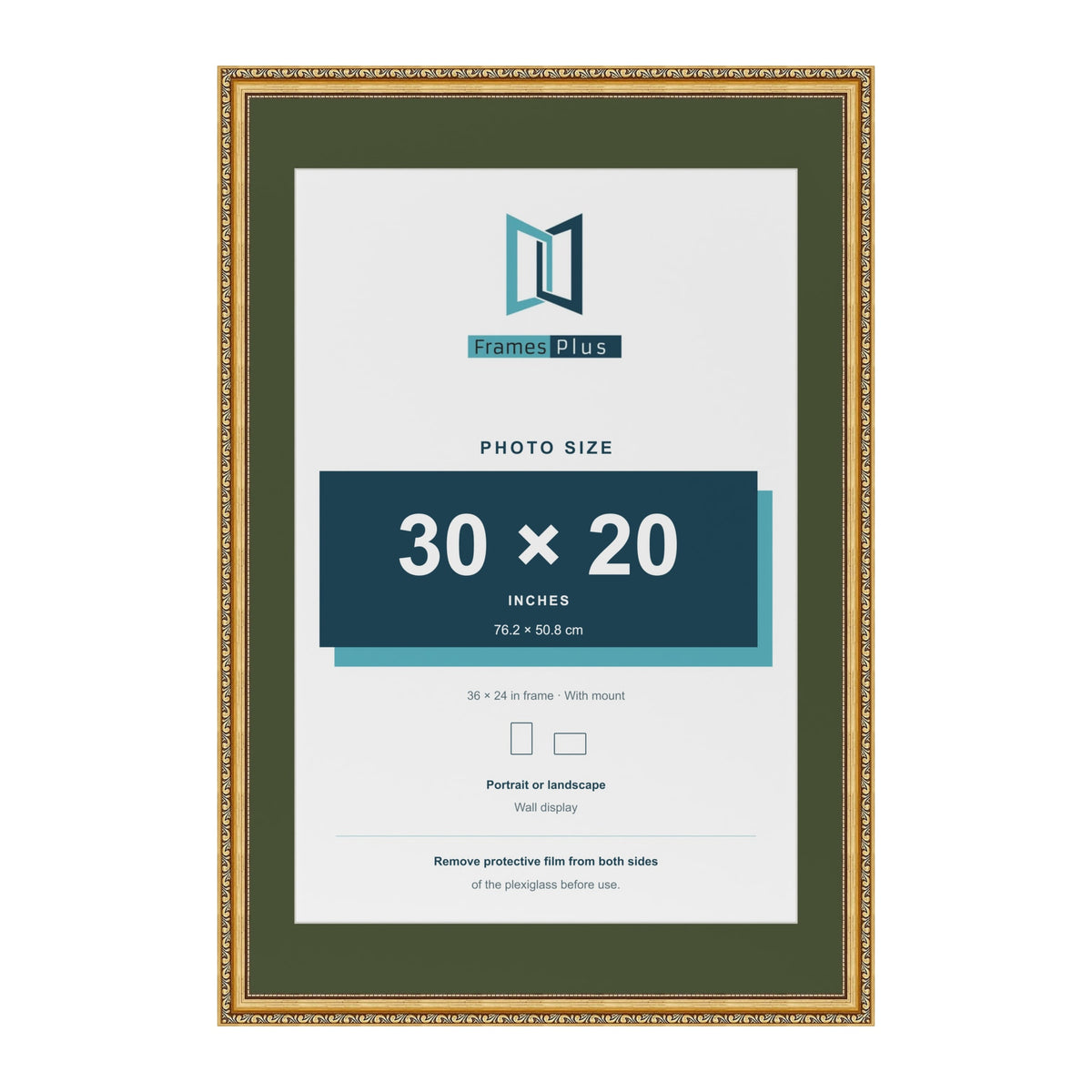 Louis Gold 36 x 24 inch picture frame with a green mount for a 30 x 20 inch photo