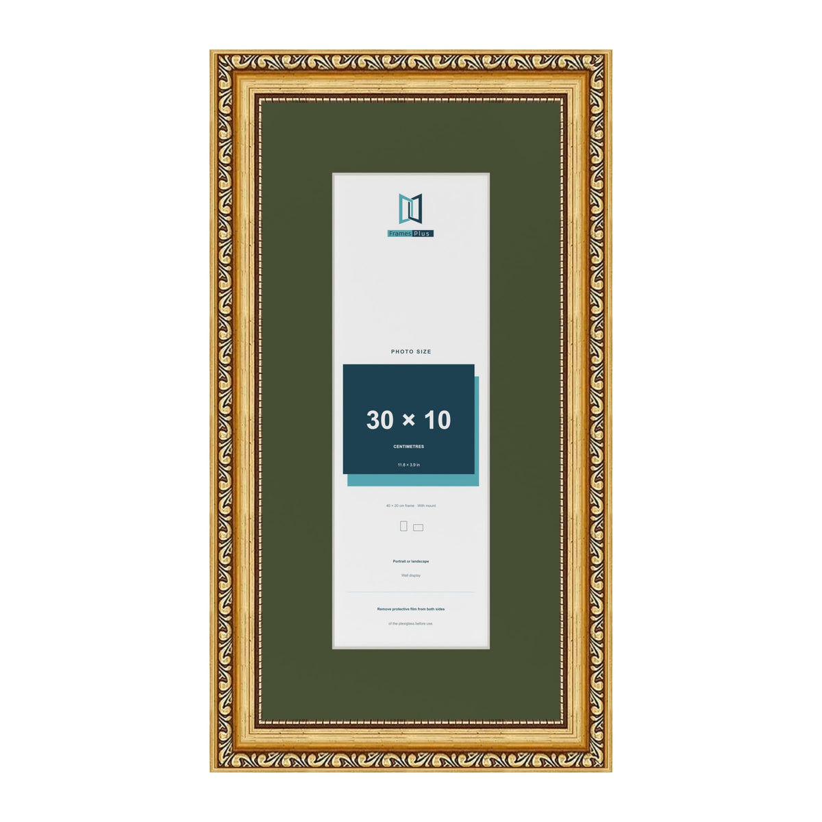 Louis Gold 40 x 20 cm picture frame with a green mount for a 30 x 10 cm photo