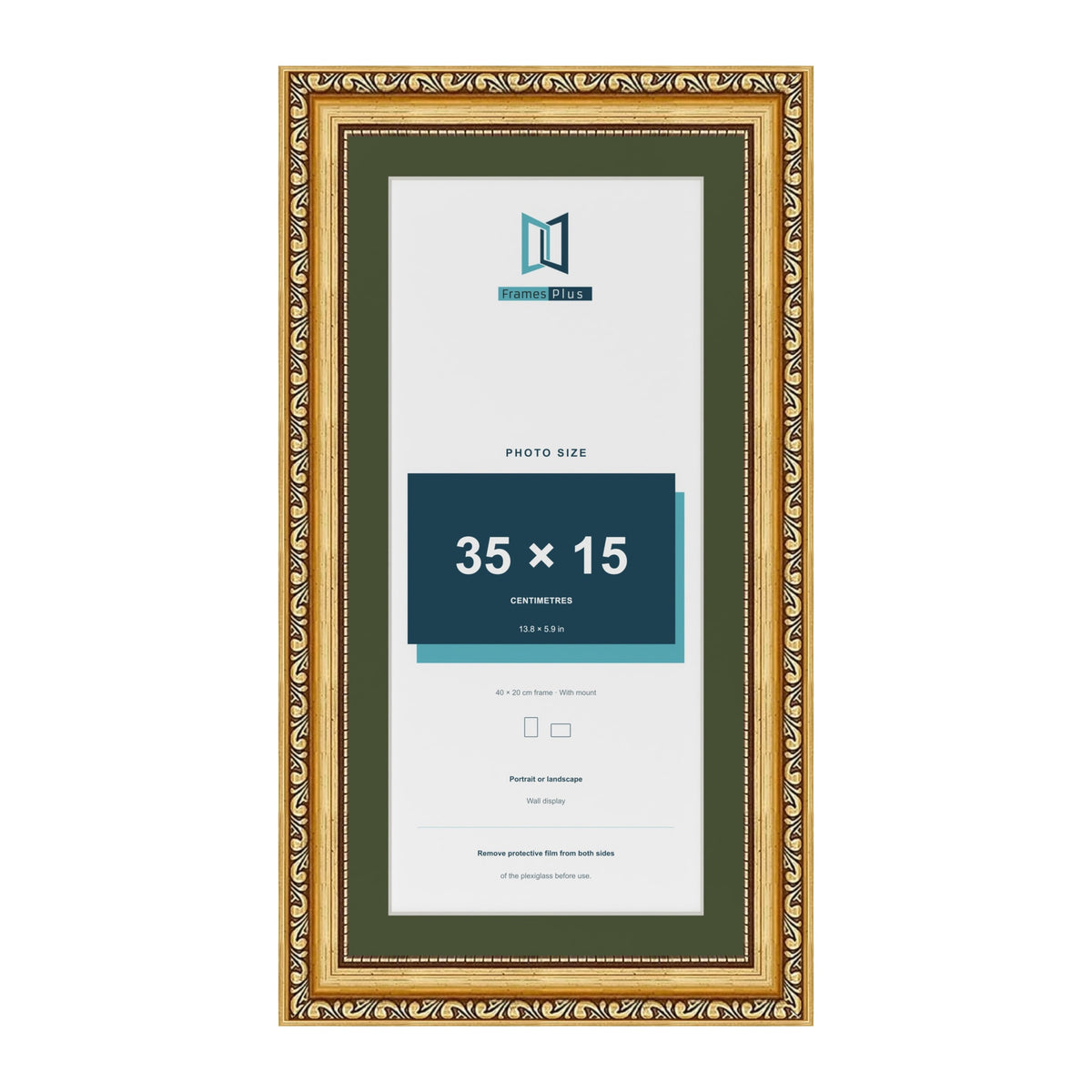 Louis Gold 40 x 20 cm picture frame with a green mount for a 35 x 15 cm photo
