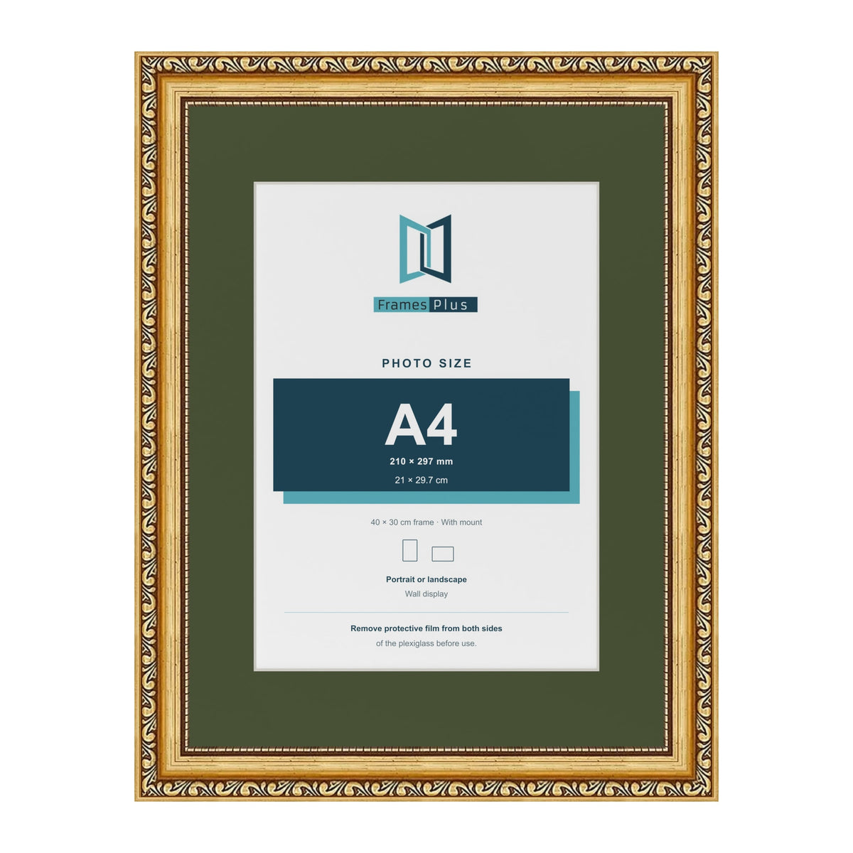 Louis Gold 40 x 30 cm picture frame with a green mount for an A4 photo