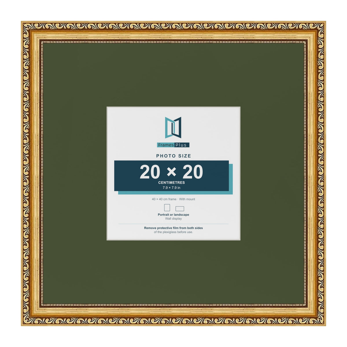 Louis Gold 40 x 40 cm picture frame with a green mount for a 20 x 20 cm photo
