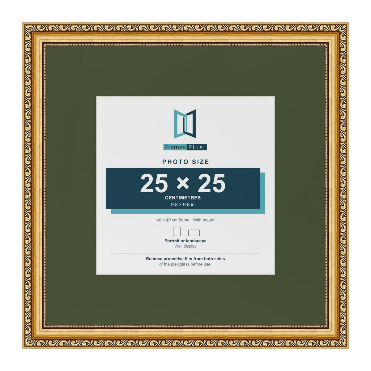 Louis Gold 40 x 40 cm picture frame with a green mount for a 25 x 25 cm photo